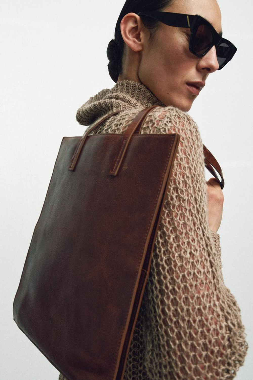 ZARA КОЖАНАЯ СУМКА-ШОПЕР, ШОКОЛАДНЫЙ