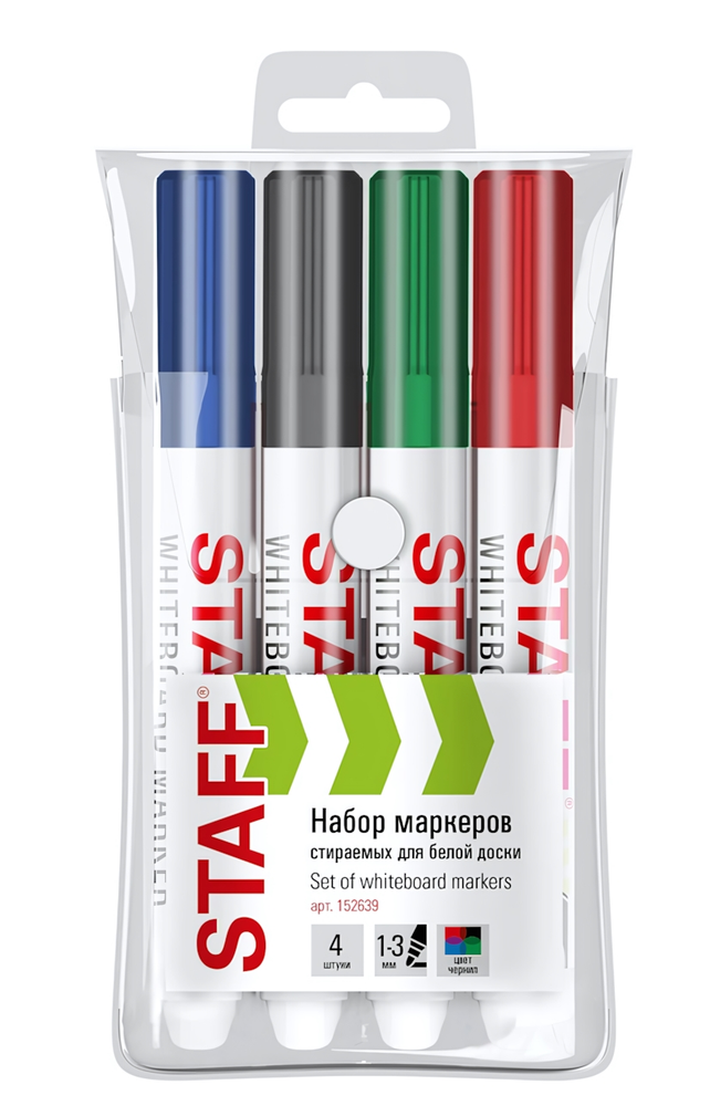 Набор маркеров для белой доски 4цв. 1-3мм. стираемые "Basic" WBM-200" (STAFF)