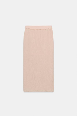 ZARA ЮБКА МИДИ ИЗ ЖАТОГО ТРИКОТАЖА, ТЕЛЕСНО-РОЗОВЫЙ