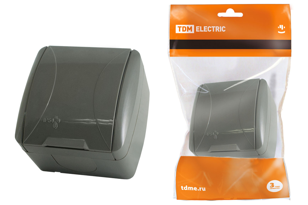 Розетка 2P+3 серая Селигер открытой установки с крышкой 16А IP54 TDM
