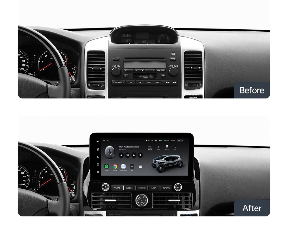 Магнитола для Toyota Land Cruiser Prado 120, Lexus GX470 (экран климата внизу) - Canbox H-Line 3041 монитор 12.3" QLED в стиле MERCEDES на Android 10, ТОП-процессор, CarPlay, 4G SIM-слот