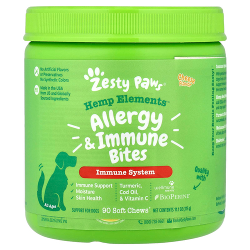Zesty Paws, Hemp Elements™, добавка от аллергии и иммунитета, для собак всех возрастов, со вкусом сыра, 90 мягких жевательных таблеток, 315 г (11,1 унции)