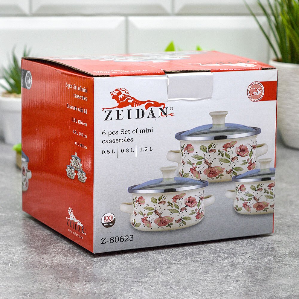 Набор кастрюль 3 предмета (0,5л, 0,8л, 1,2л) эмаль "Flowers", индукция, Z-80623