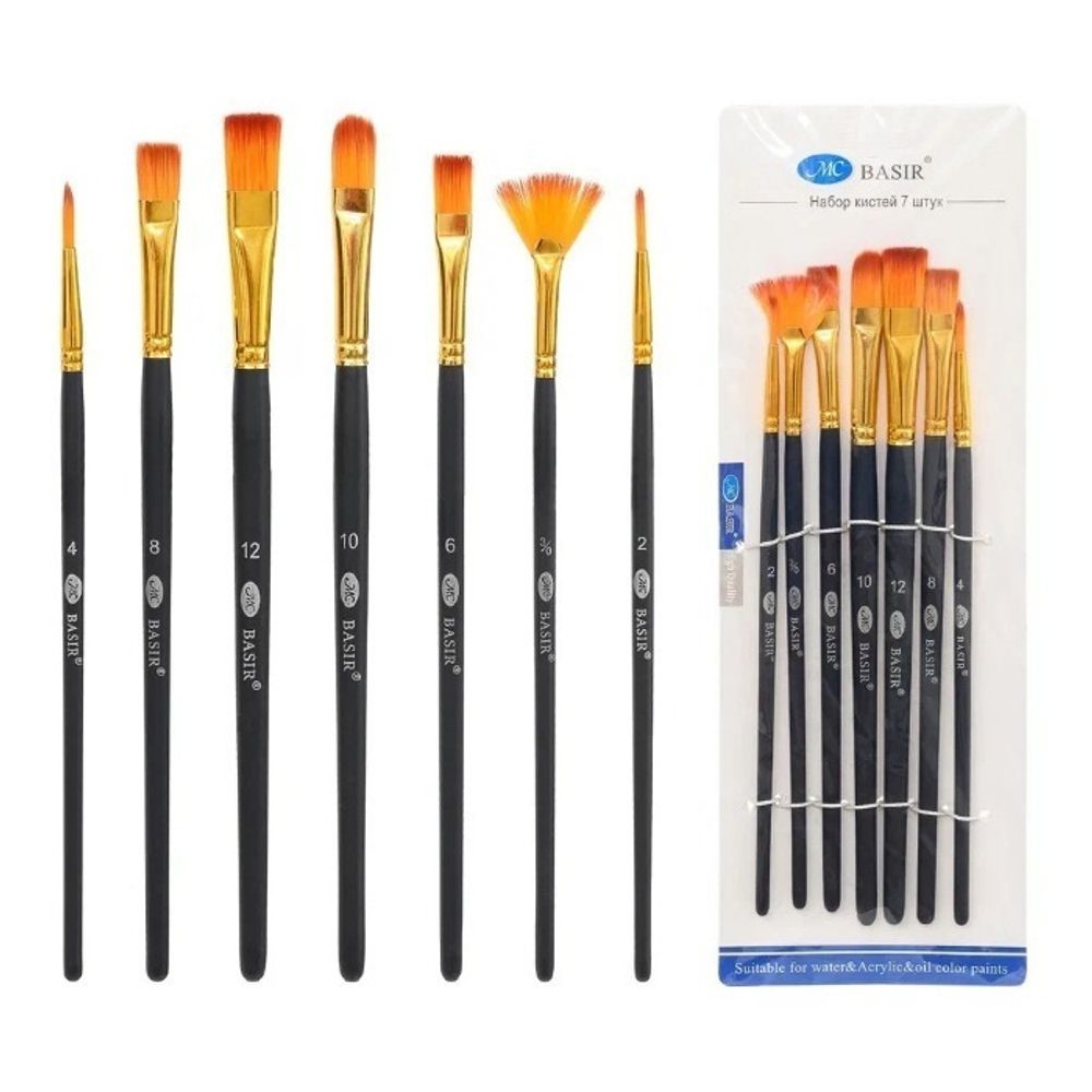 Кисть для рисования Basir художественная, нейлон, плоские, № 2,3,4,6,8,10,12, чёрный корпус, набор из 7 шт