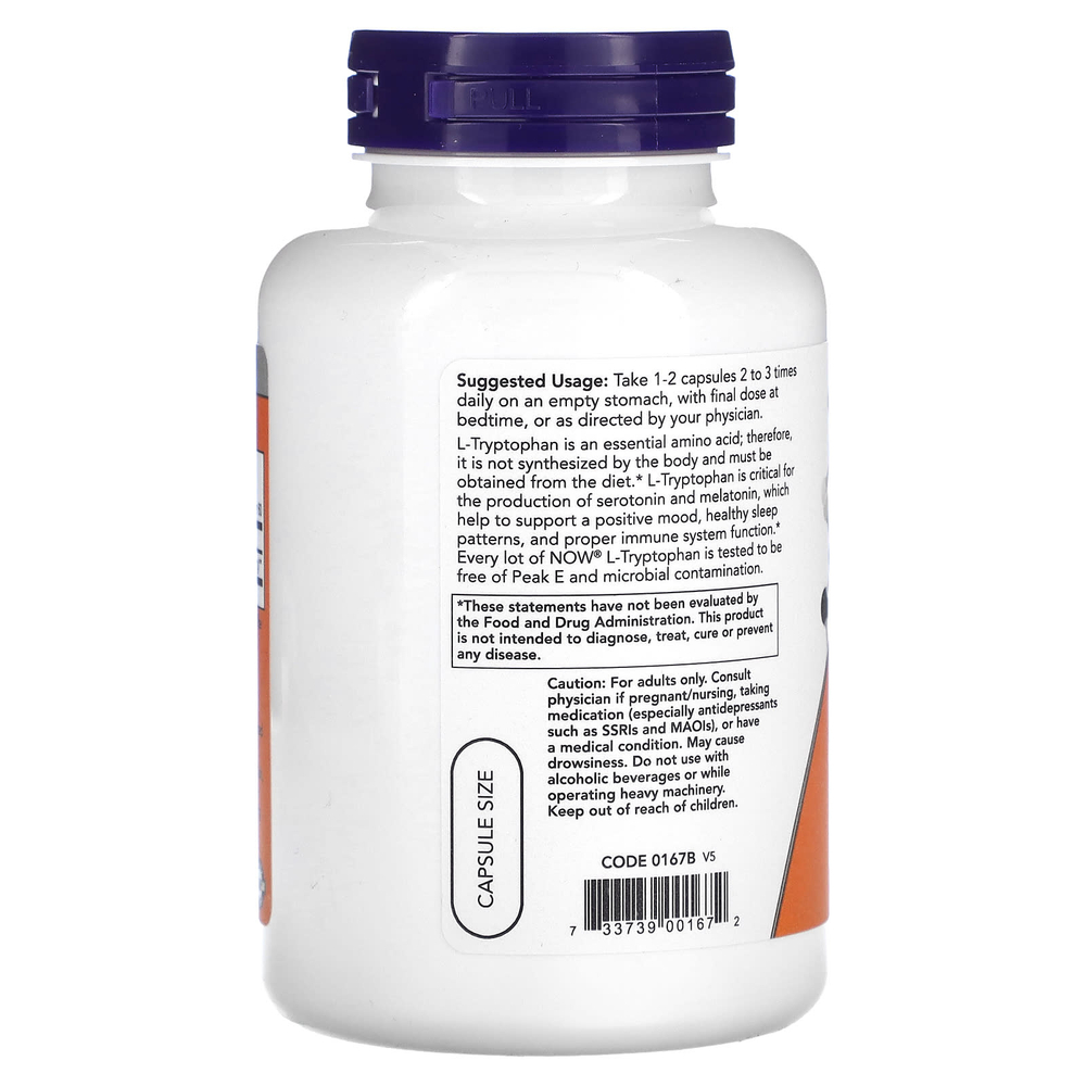 NOW Foods, L-триптофан, 500 мг, 120 вегетарианских капсул