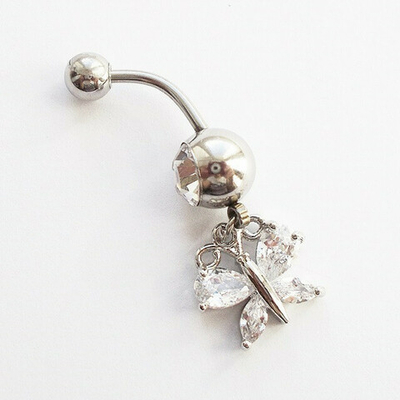 Серьга для пирсинга пупка. Банан из медицинской стали с подвеской "Зимняя бабочка"