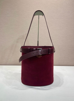 Prada Buckle Belted Suede Bucket Bag 28 cm