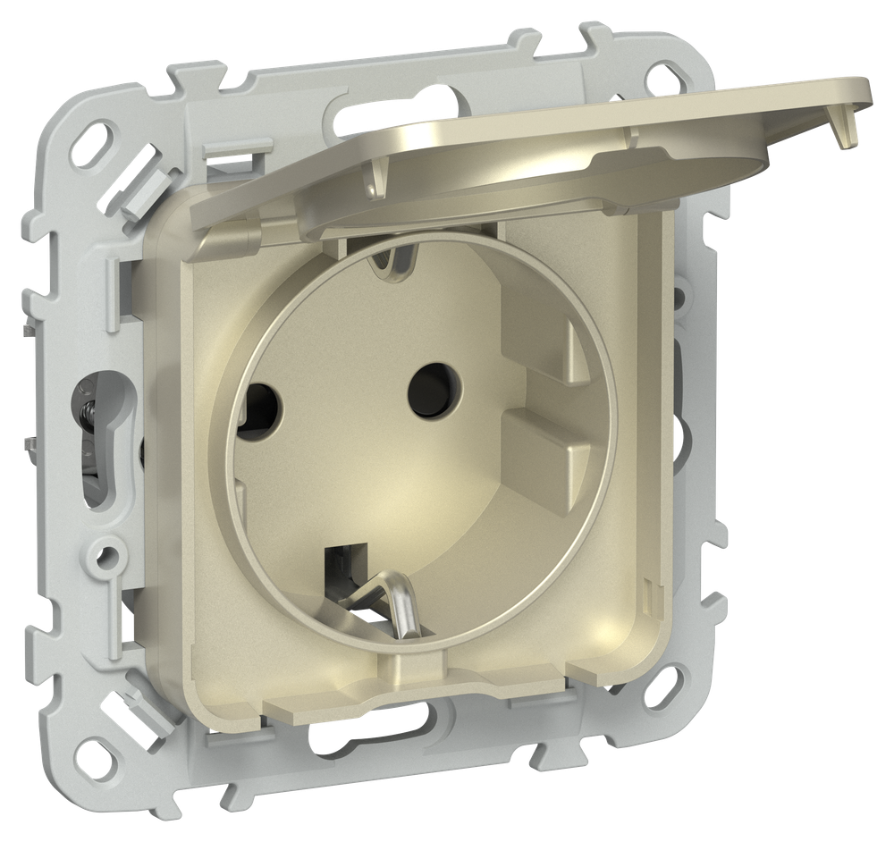 FLITE Розетка с заземлением с защитными шторками и крышкой безвинтовое крепление 16А IP44 РСшкр11-1-44-ФлШ шампань IEK