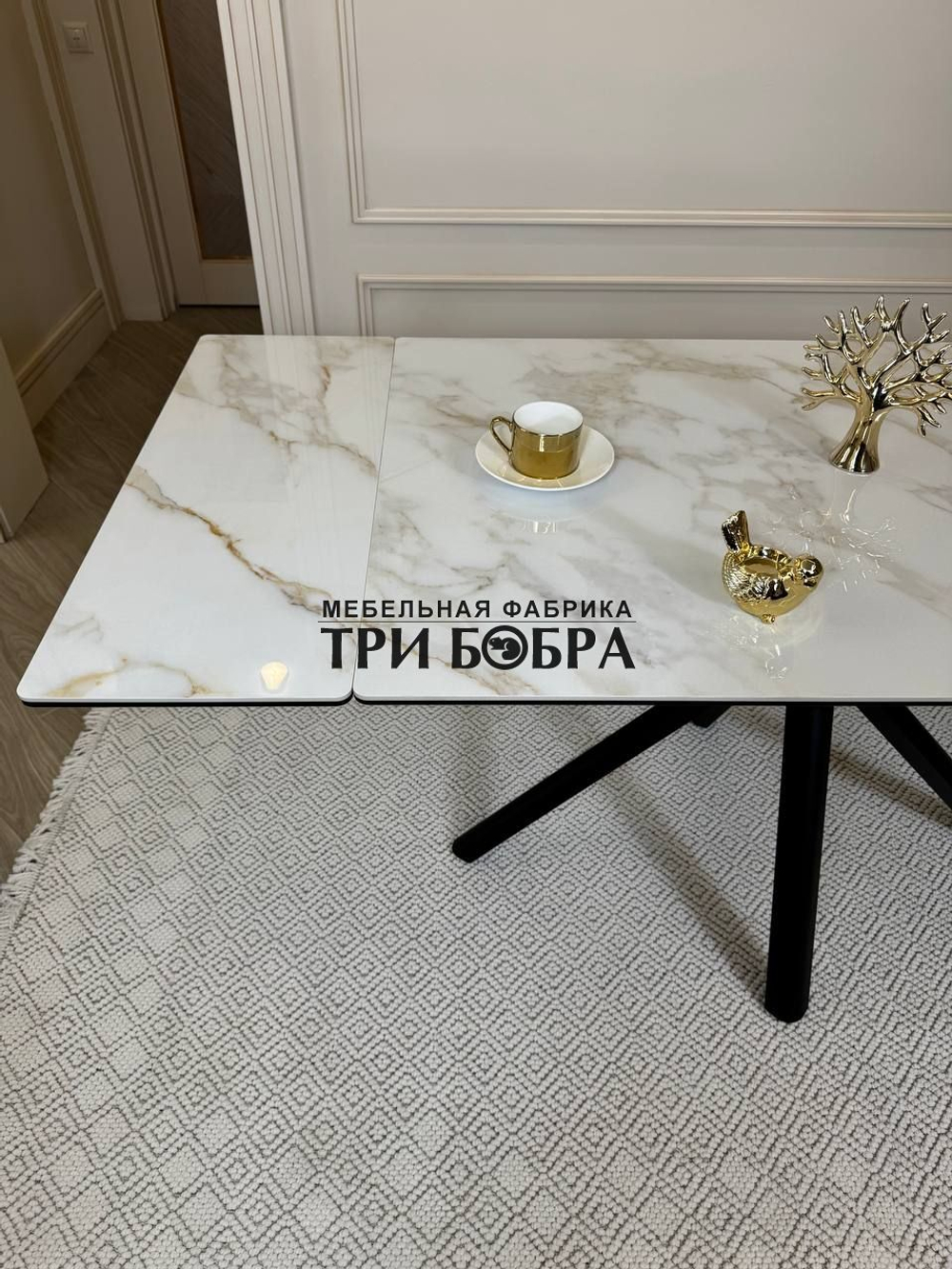 Кухонный раскладной стол "Монако" из керамогранита, белый мрамор