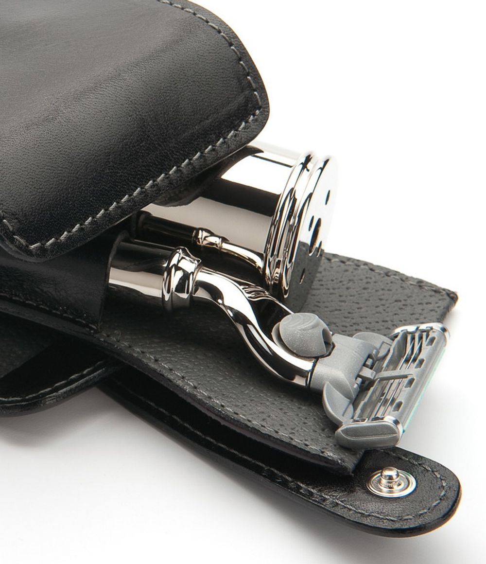 Дорожный бритвенный набор MUEHLE, чехол из натуральной черной кожи, дорожный помазок, дорожная бритва Mach3 (RT 3 M3)