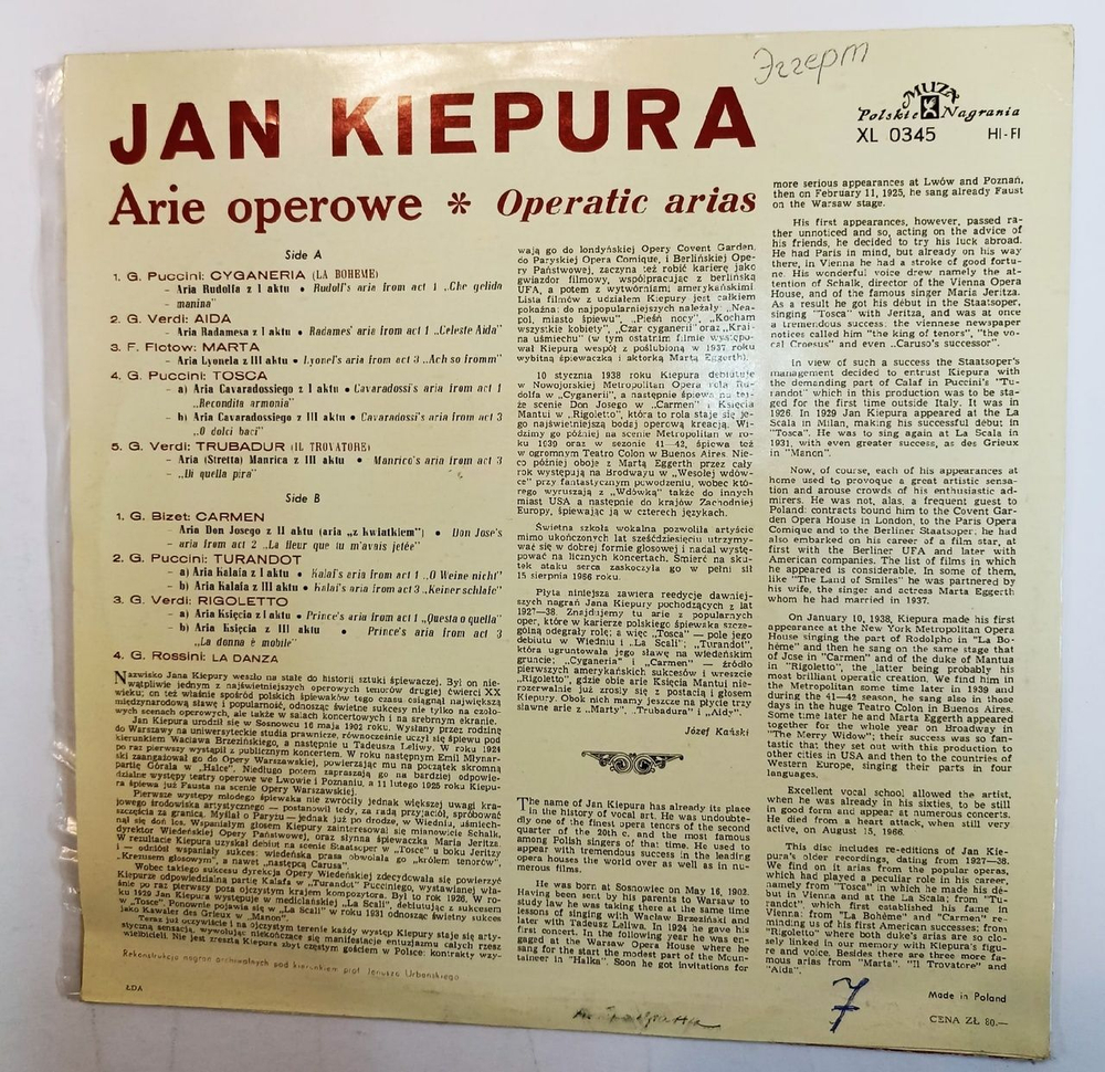 Винтажная виниловая пластинка Jan Kiepura Arie Operowe (Operatic Arias) (Poland 1966)