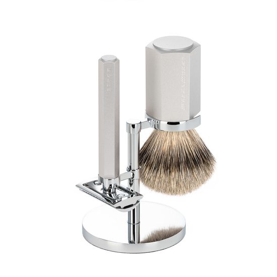Бритвенный набор MUEHLE HEXAGON, серебристый, барсучий ворс высшей категории Silvertip, Т-образная бритва (станок)
