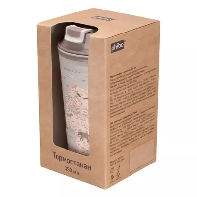 Термостакан с клапаном и декором карта 350мл в подарочной коробке (светло-бежевый)