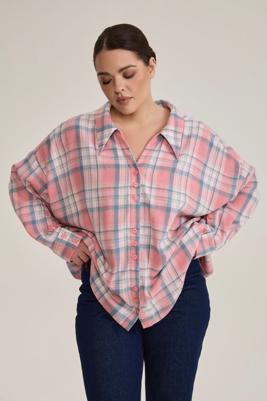 Рубашка в клетку оверсайз, розовый