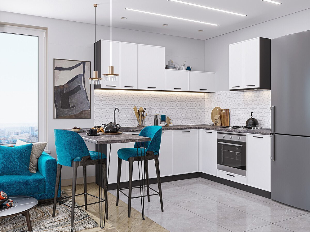 Угловая модульная кухня Фрейм-03 White Silk - Graphite 2140*2200/2000*600