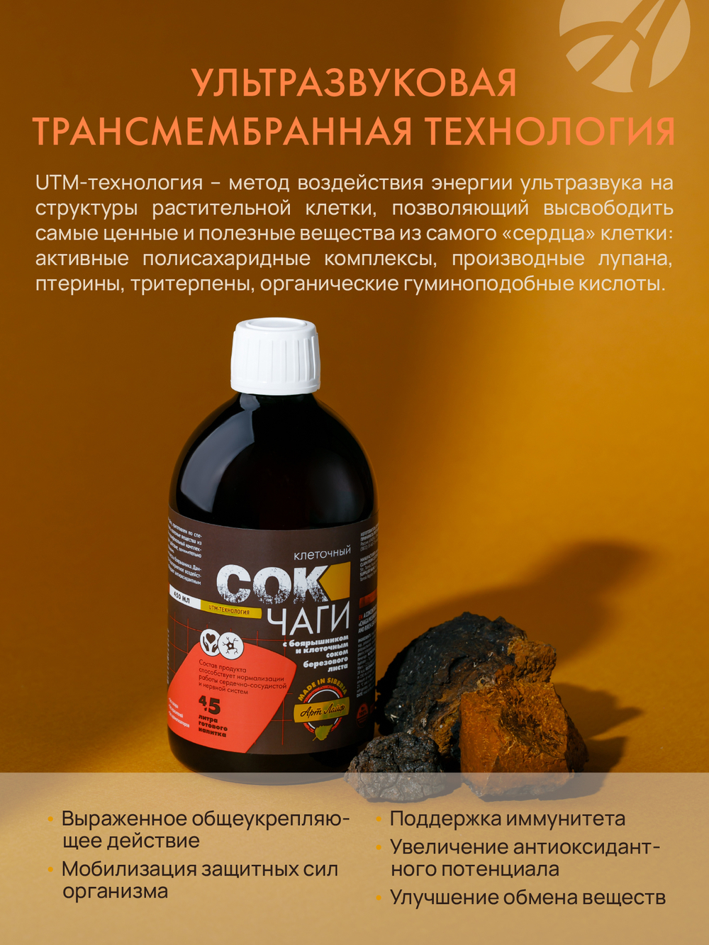 Сок Чаги клеточный с боярышником и соком березового листа, 450мл Нормализует работу сердечно-сосудистой и нервной систем