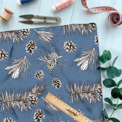 Ткань кулирная гладь эскизы шишек и хвойных веток на синем фоне