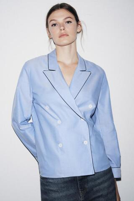 ZARA РУБАШКА С ЗАПАХОМ И КОНТРАСТНОЙ ОТДЕЛКОЙ — ZW COLLECTION, СИНИЙ