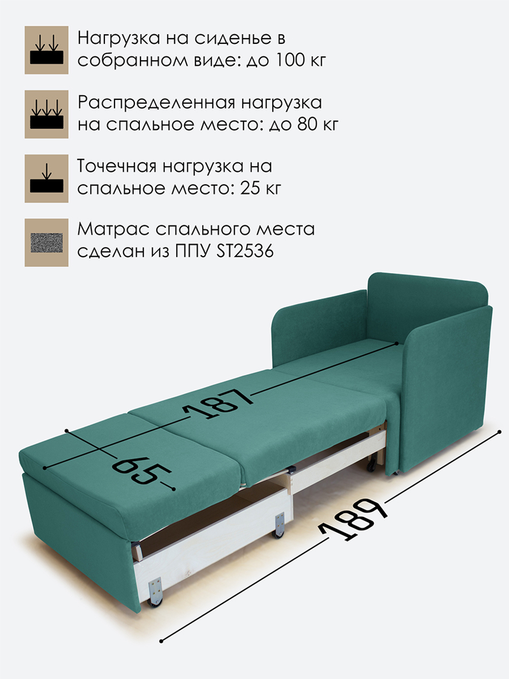 Кресло-кровать "Миник" с подлокотниками Dream Mint