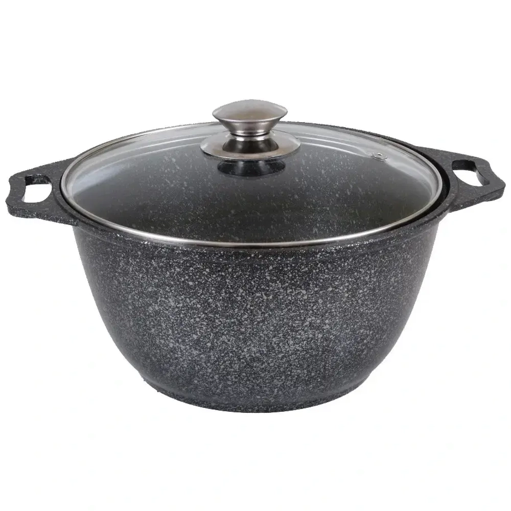 Кастрюля 3л «Мраморная» со стеклянной крышкой, литой алюминий, темный мрамор КМ-кмт32а