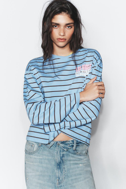 ZARA ФУТБОЛКА В ПОЛОСКУ С НАДПИСЬЮ, СИНИЙ