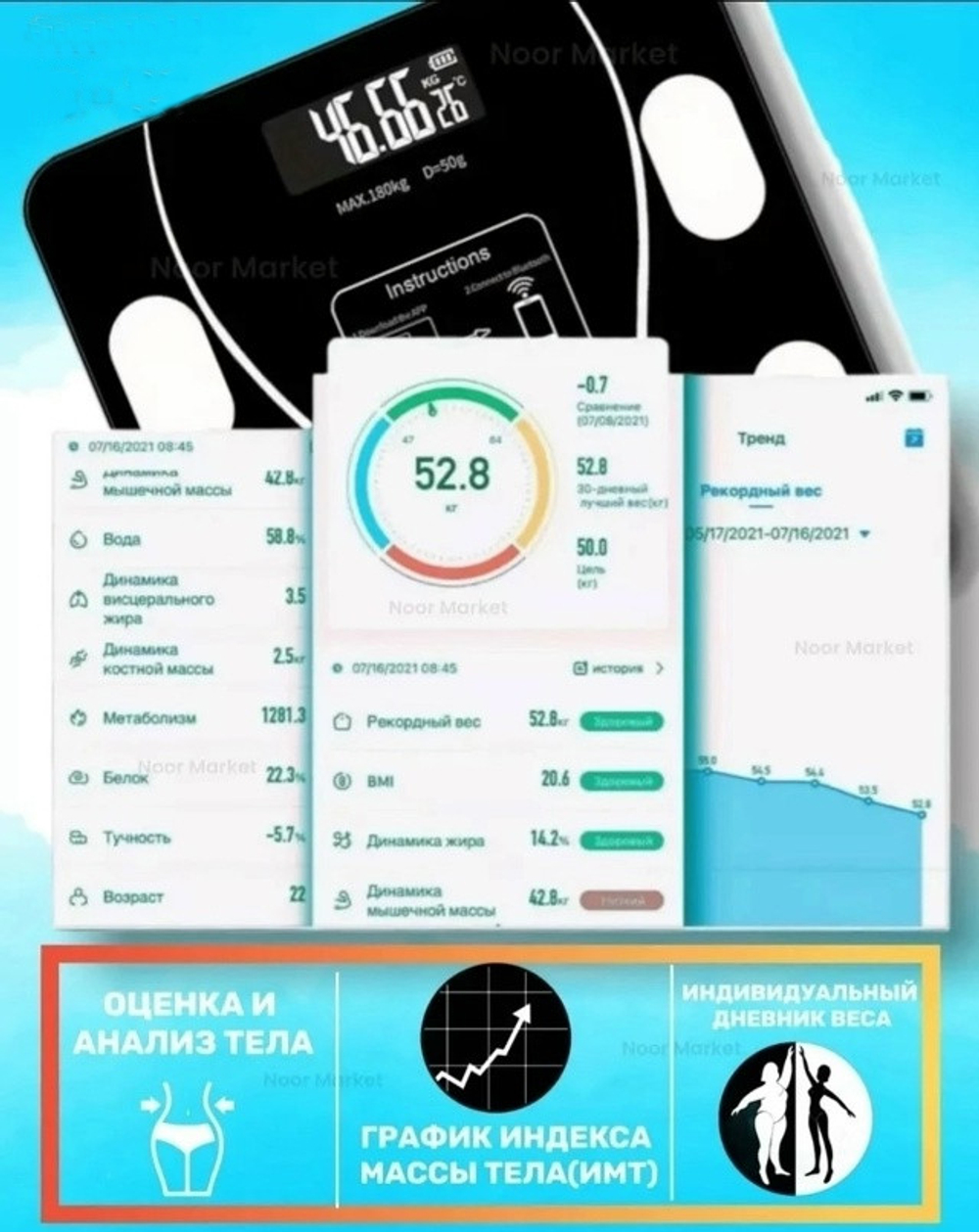 Весы умные напольные электронные с биодатчиками, батарейки в комплекте