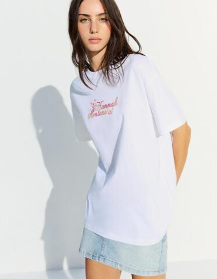 BERSHKA Футболка с короткими рукавами и принтом "Ханна Монтана", белый