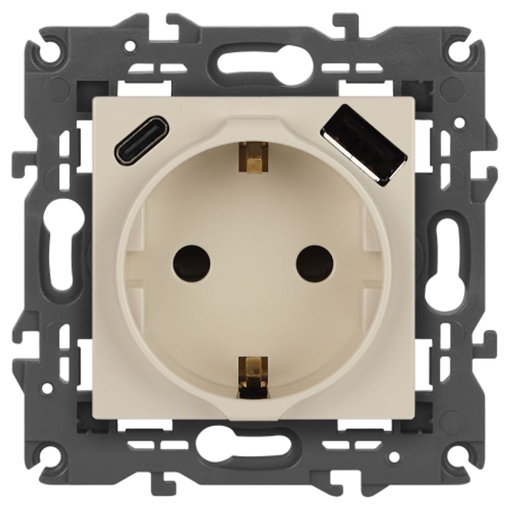 Розетка ЭРА Elegance 14-4108-02 2P+E 16A-250В со шторками с USB type-A+C 5В-3А слоновая кость