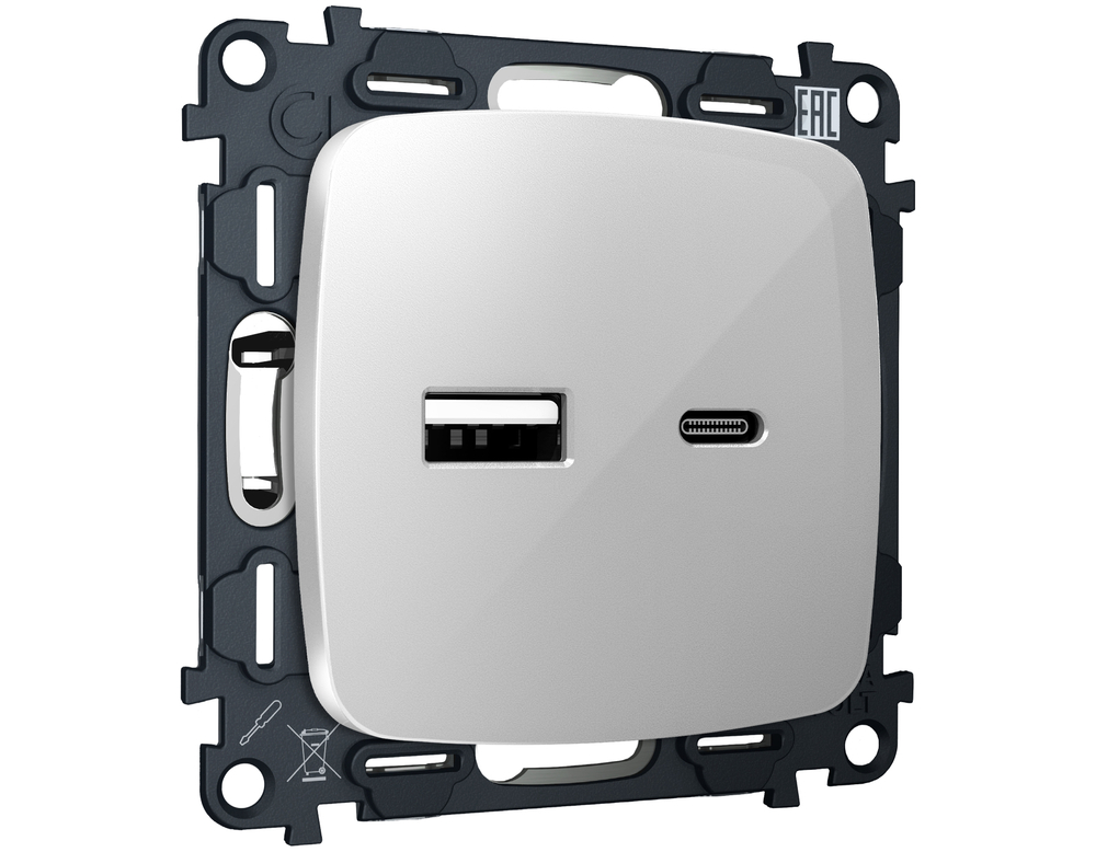 MO411010 Комплект механизма розетки OMEGA Серебро глянец 2USB A+C 20W (быстрая зарядка) QUANT (OP4110, VM177)