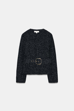 ZARA БЛЕЙЗЕР ИЗ РЕЛЬЕФНОЙ ТКАНИ С РЕМНЕМ, ЧЕРНЫЙ