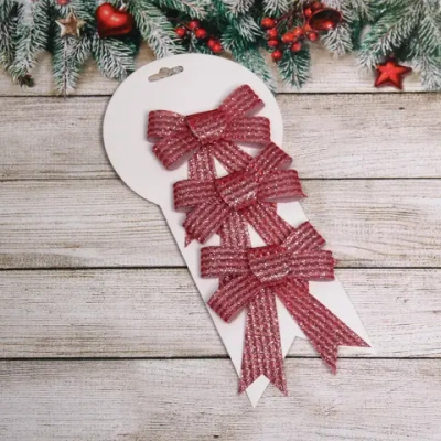 Бант на ёлку «Блестящие полосы» 9*12 см (набор 3 шт), Красный