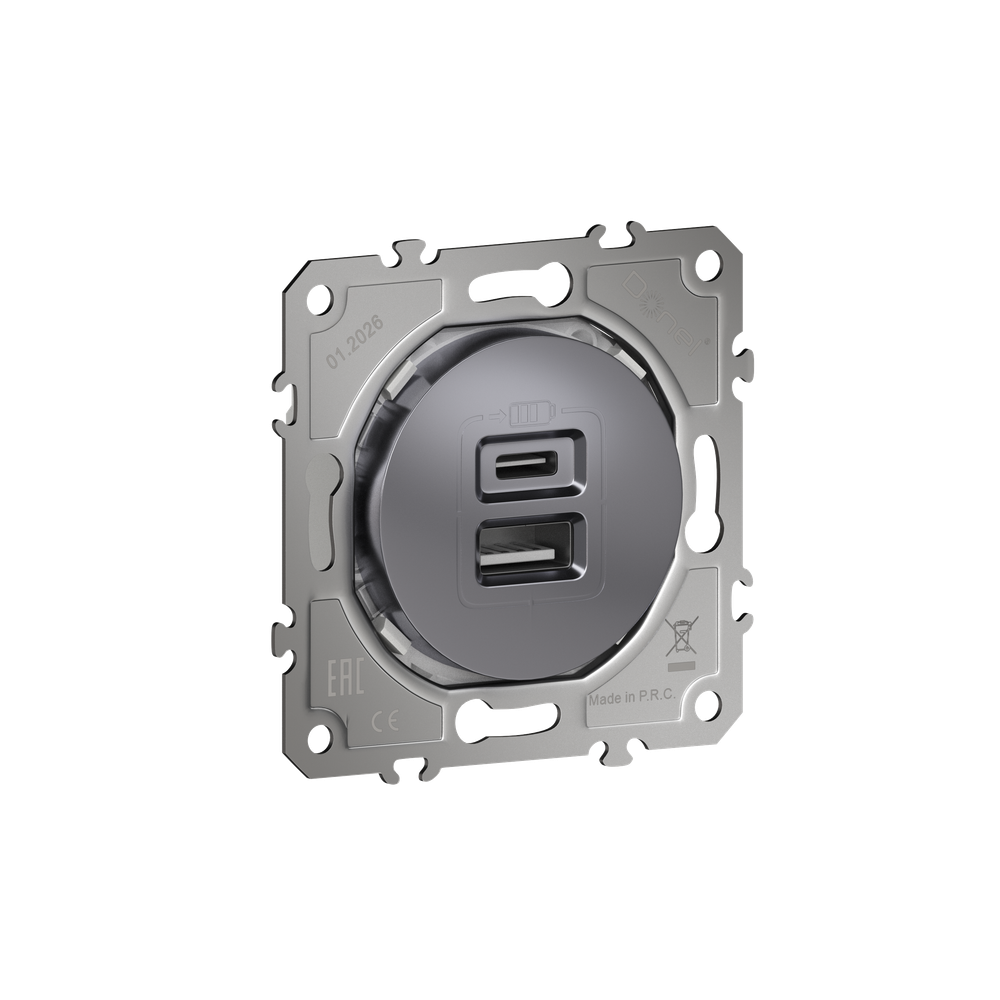 USB-зарядка типа A+С 2400мA 12Вт,  цвет сталь,  серия D16,  Donel
