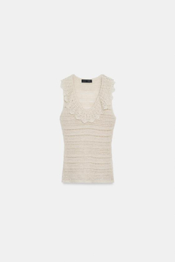 ZARA ТОП С ВОЛАНАМИ ИЗ ТРИКОТАЖА POINTELLE, ЭКРЮ