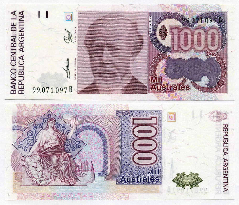 Банкнота Аргентина 1000 аустралей 1988 год № 99.071.097B. UNC