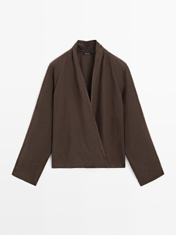 Massimo Dutti Блуза из струящейся льняной ткани внахлест, коричневый
