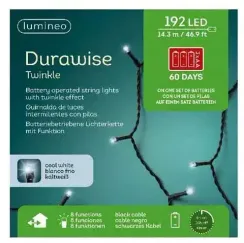 Светодиодная гирлянда на батарейках с контроллером 14.3 м., 192 холодных белых LED ламп, 3 батарейки типа АА, черный ПВХ провод, Kaemingk (497160)