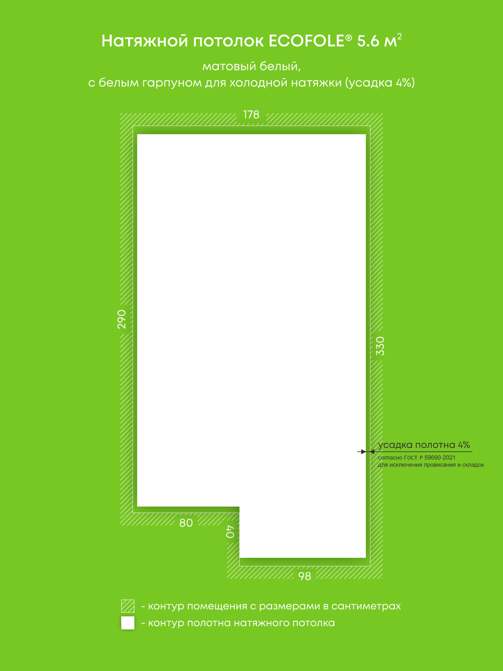 Матовый натяжной потолок 5.6 м2