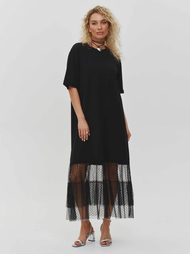 Платье трикотажное макси,с воланом из сетки, черное
