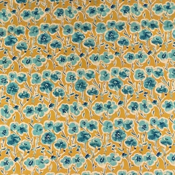 ГОЛУБЫЕ ЦВЕТЫ НА ГОРЧИЧНОМ ФОНЕ - 100% хлопок 1