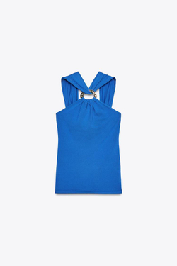 ZARA ТРИКОТАЖНЫЙ ТОП С ВЫРЕЗОМ ХАЛТЕР, СИНИЙ