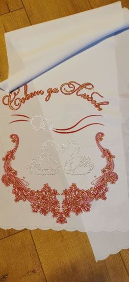 Комплект венчальный 4 предметный со стразами, рельефный цвет:белый с красным