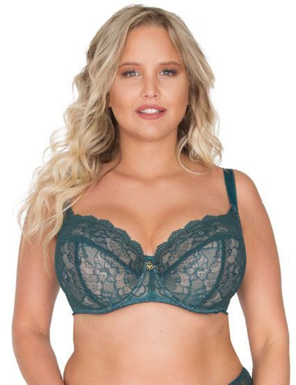 Кружевной бюстгальтер с мягкой чашкой plus size и боковыми поддержками (Размер: 100E) (Цвет: изумрудный)