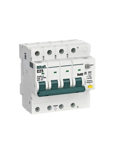 Выключатель автоматический дифференциального тока (АВДТ) 3P+N C 25А 30мА AC ДИФ-103 6кА DEKraft 16403DEK