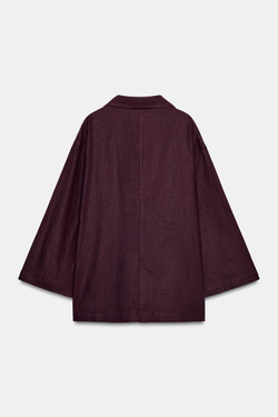 ZARA ДВУБОРТНЫЙ БЛЕЙЗЕР ИЗ ЛЬНА, БАКЛАЖАННЫЙ