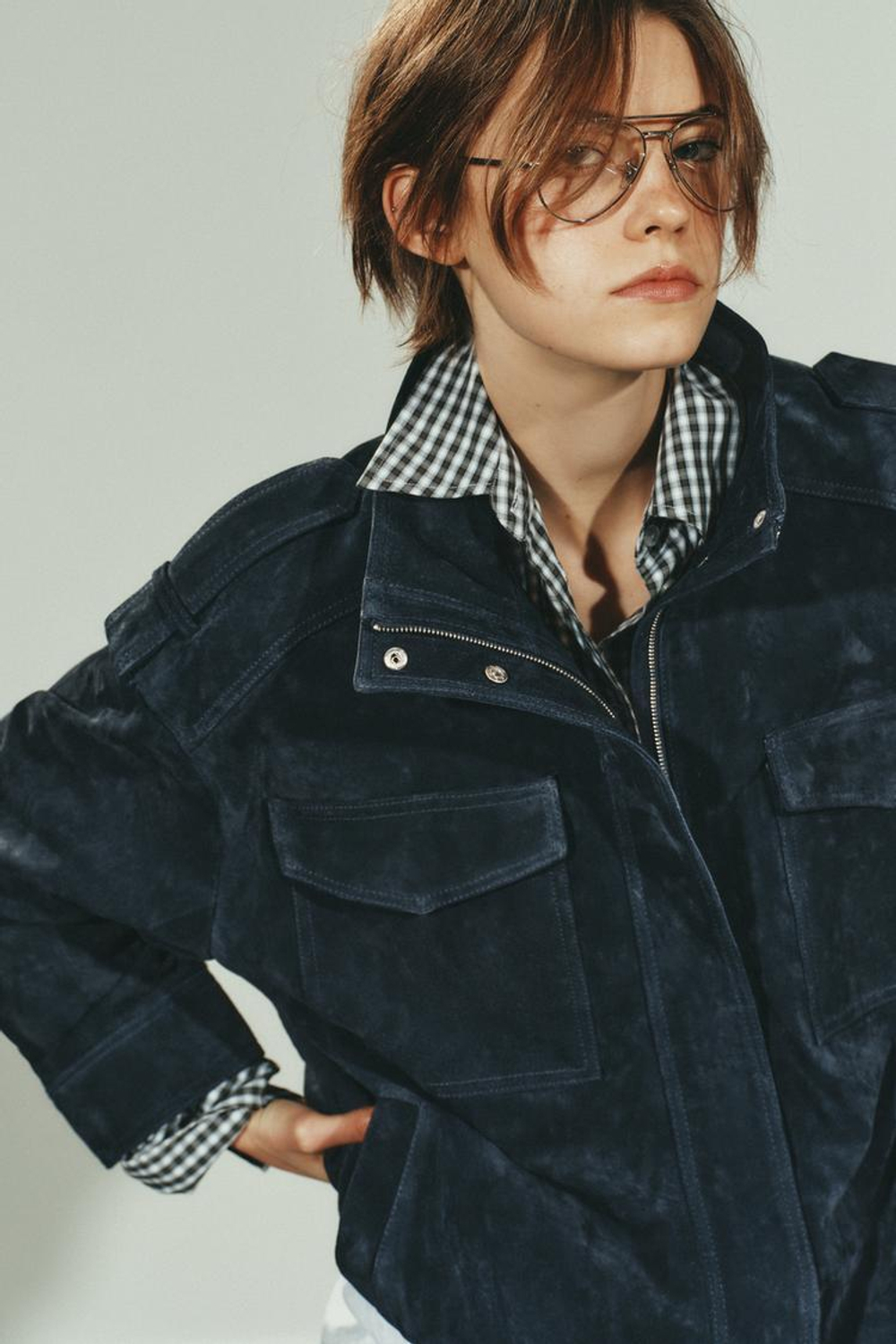 ZARA КУРТКА ИЗ 100% ЗАМШИ С КАРМАНАМИ, СИНИЙ