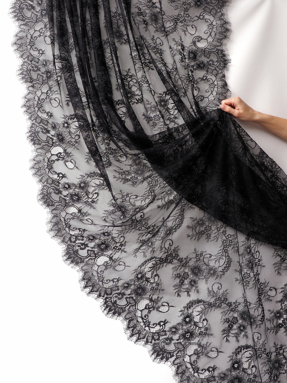 Кружево шантильи черное широкое неэластичное ширина 1,5 м купон 2.9 м