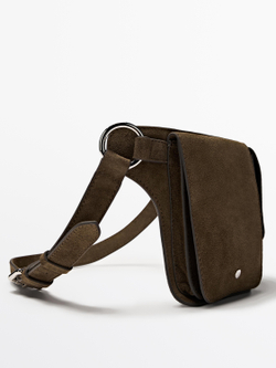 Massimo Dutti Поясная сумка из замши с двумя отделениями, хаки