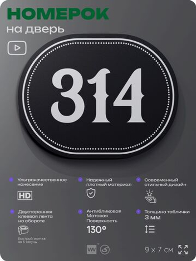 Номерок на дверь квартиры 314, для кабинета, офиса, шильдик 9 х 7 см, черный, Айдентика Технолоджи