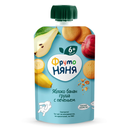 Пюре Фруто Няня Gualapack яблоко, груша, банан и печенье 90 гр