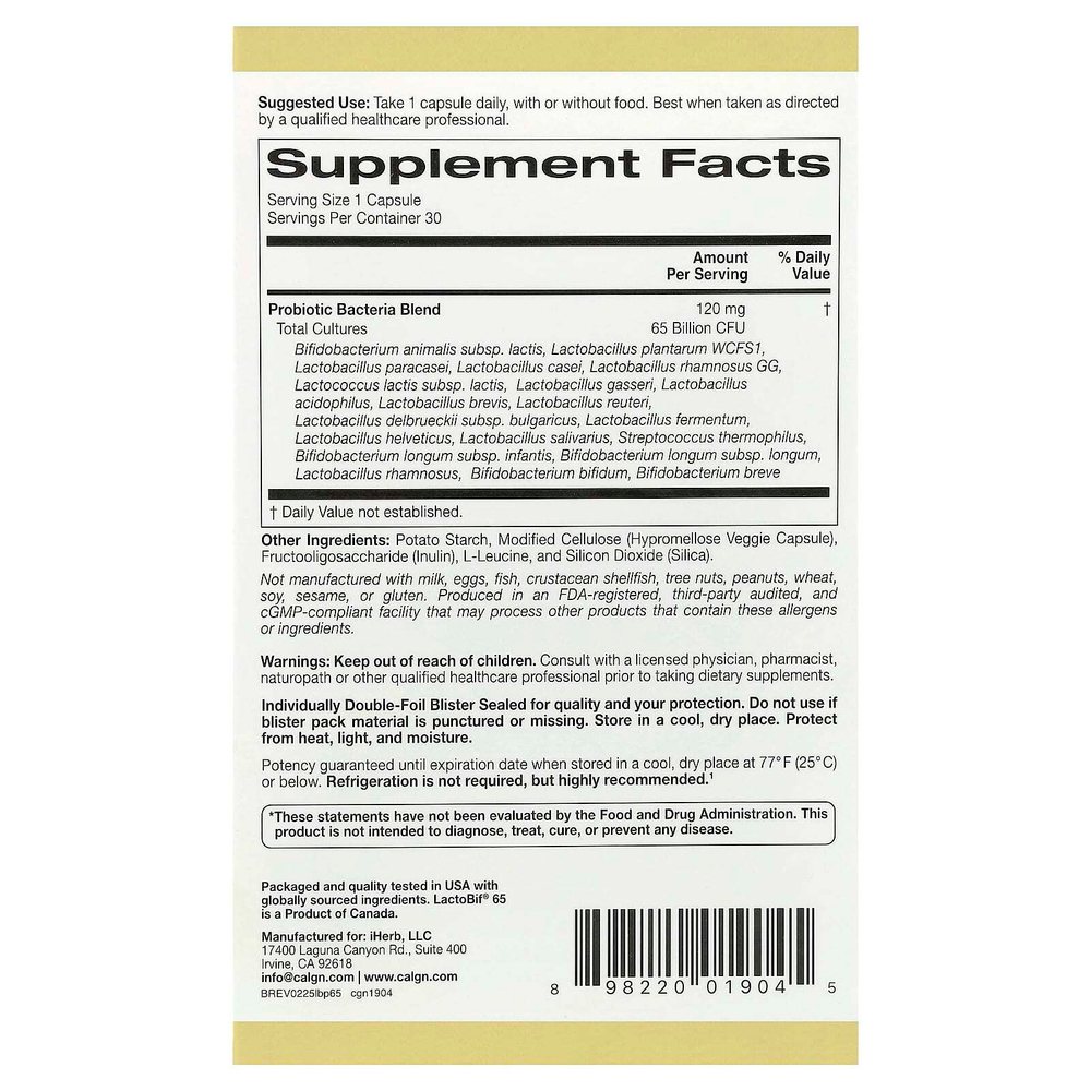 California Gold Nutrition, LactoBif® 65, пробиотики, 65 млрд КОЕ, 30 растительных капсул